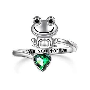 Green Heart Adjustable Frog Design Ring with Glass Inlay